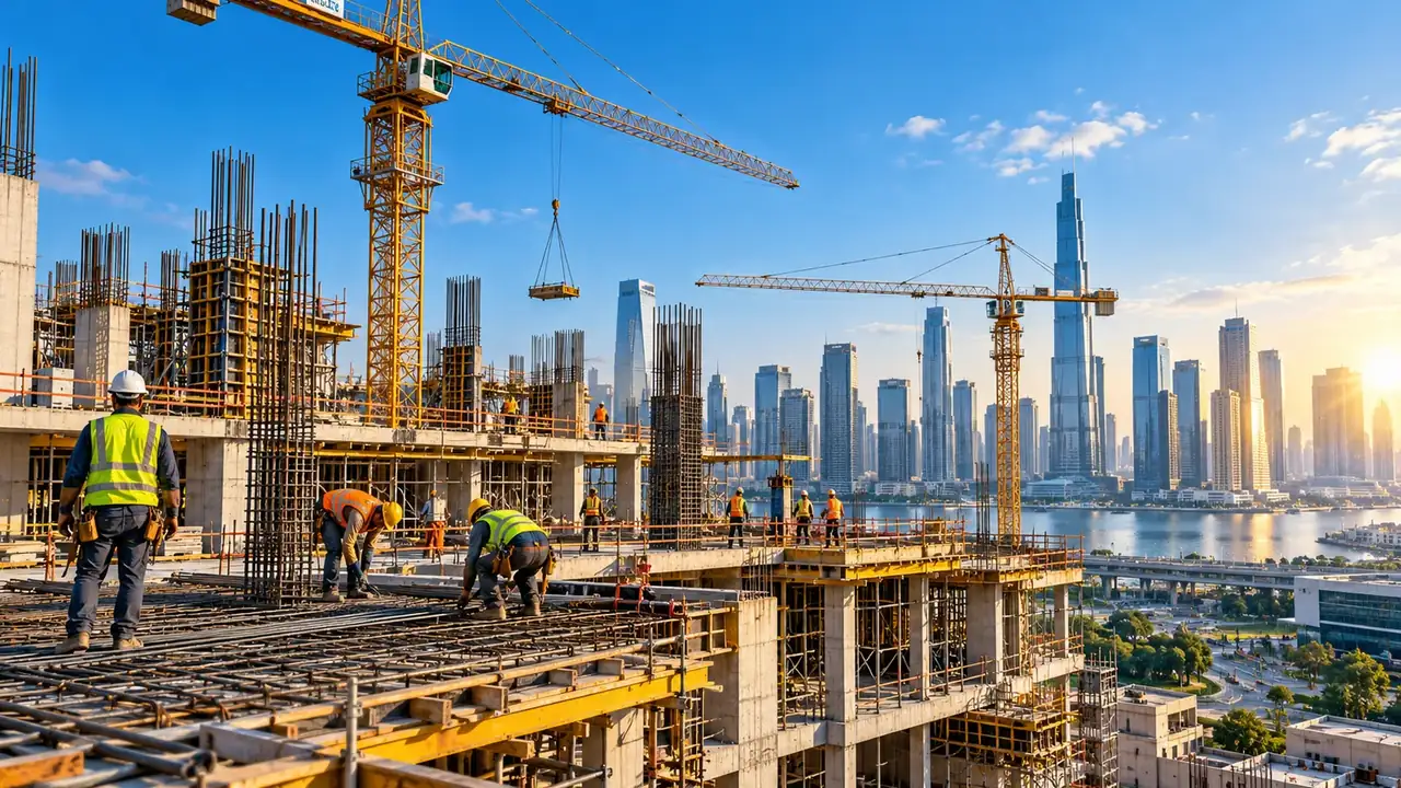Modern construction site with cranes and building structure